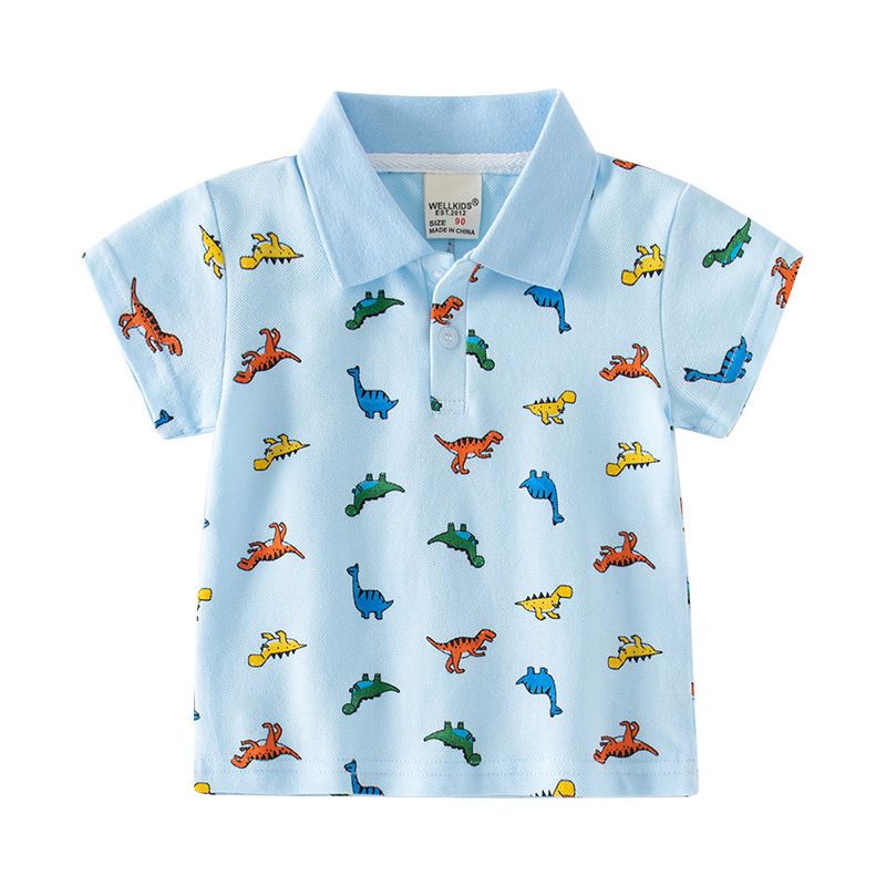 WELLKIDS - 純棉休閒翻領短袖襯衫-繽紛小暴龍-藍色
