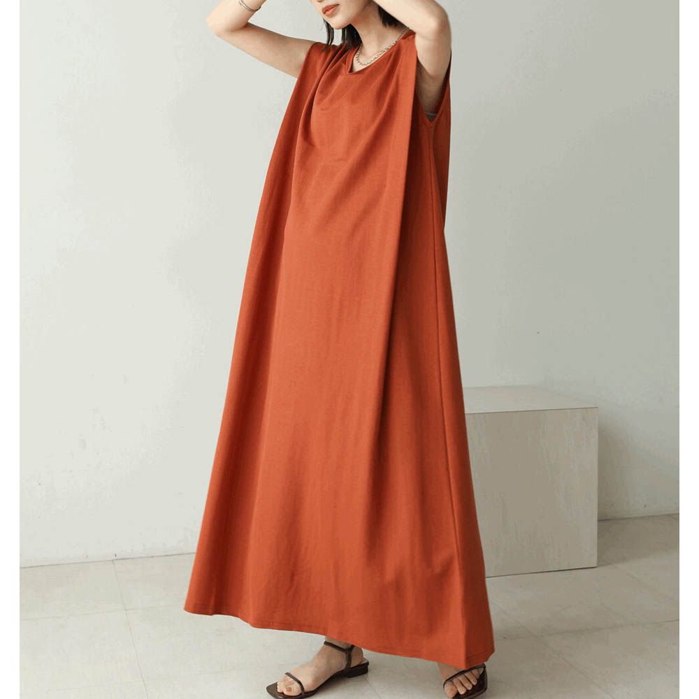 透氣嫘縈肩皺摺A字無袖洋裝-焦糖橘
