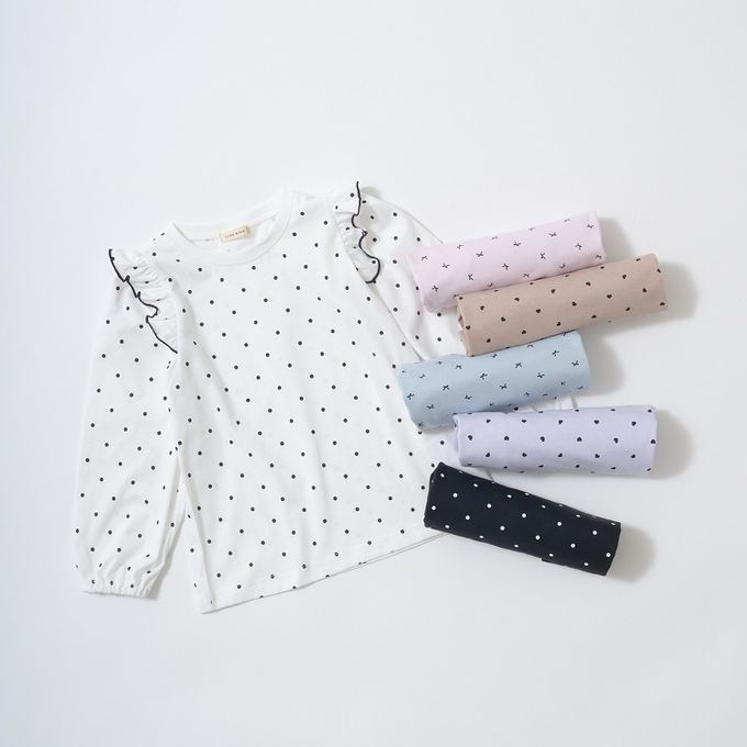 日本 Lycee mine - 100%棉 浪漫荷葉肩滿版印花長袖上衣-蝴蝶結-淺粉紅