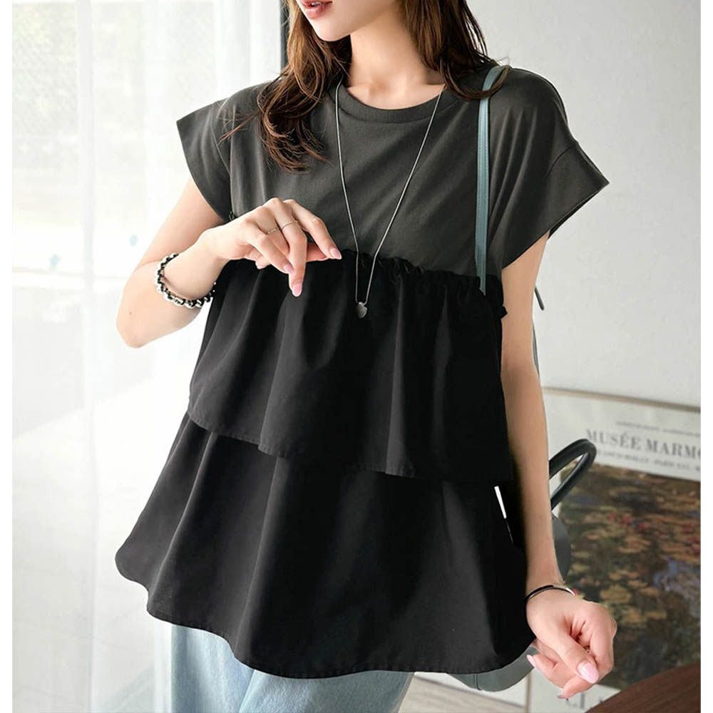 浪漫不對稱拼接荷葉短袖上衣-炭灰