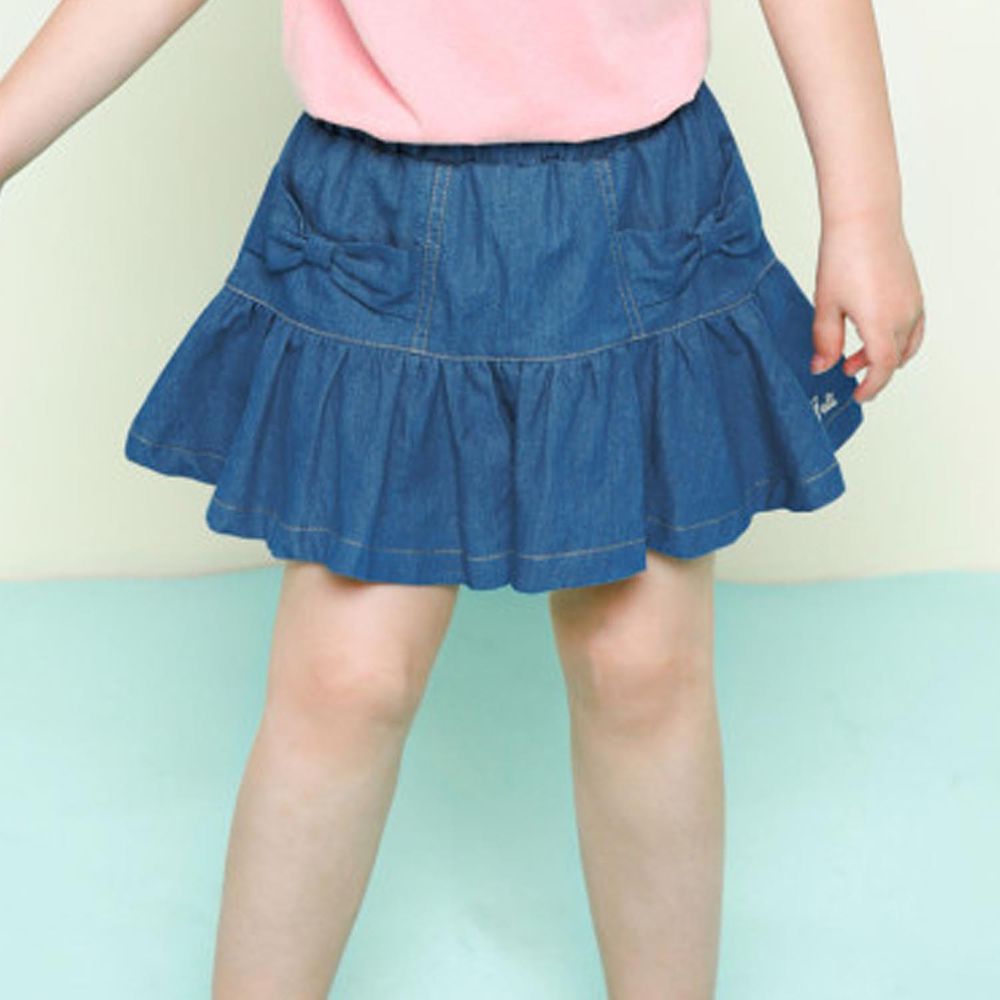韓國 Jelispoon - 裝飾蝴蝶結鬆緊帶褲裙-中青藍