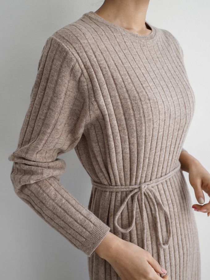 韓國女裝連線 - 喀什米爾羊毛針織連身洋裝-摩卡 (FREE)