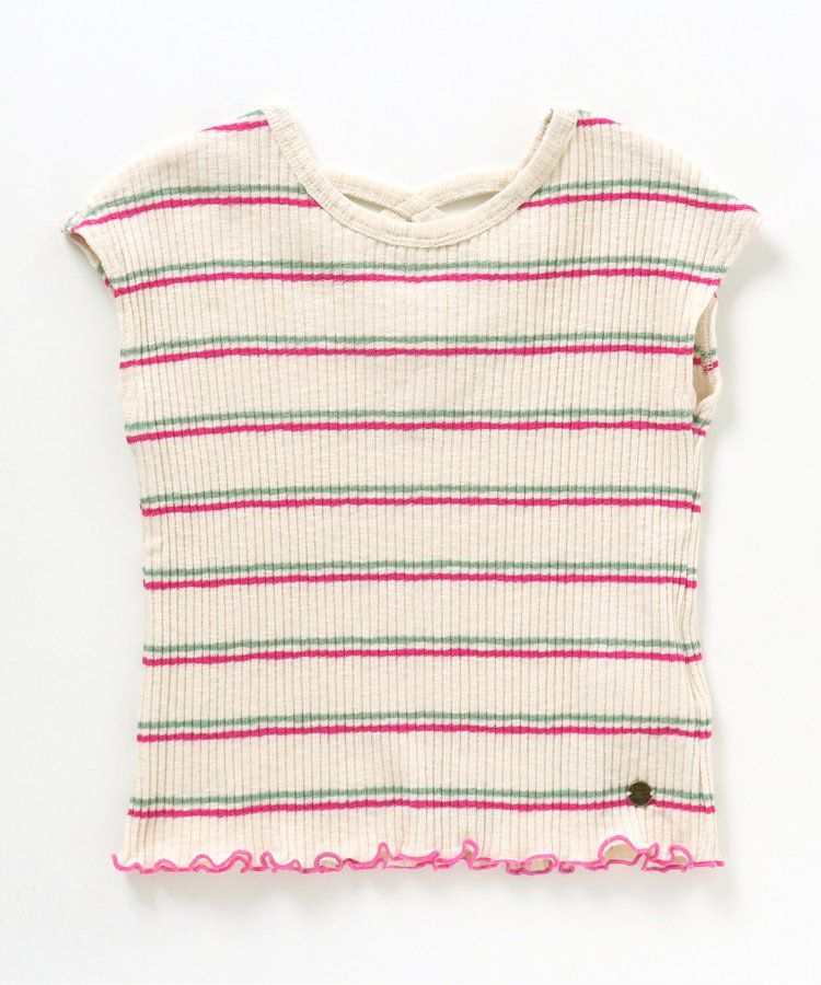 日本 BREEZE - 背交叉下擺捲邊羅紋短袖上衣-紅綠條紋