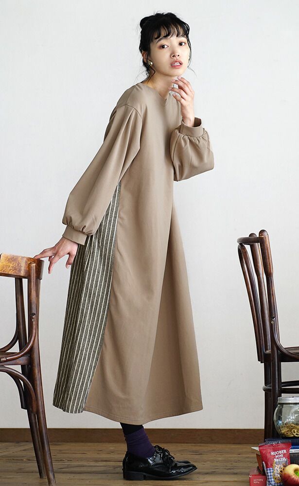 日本 zootie - 森林系後拼接刷毛長袖洋裝-淺卡其