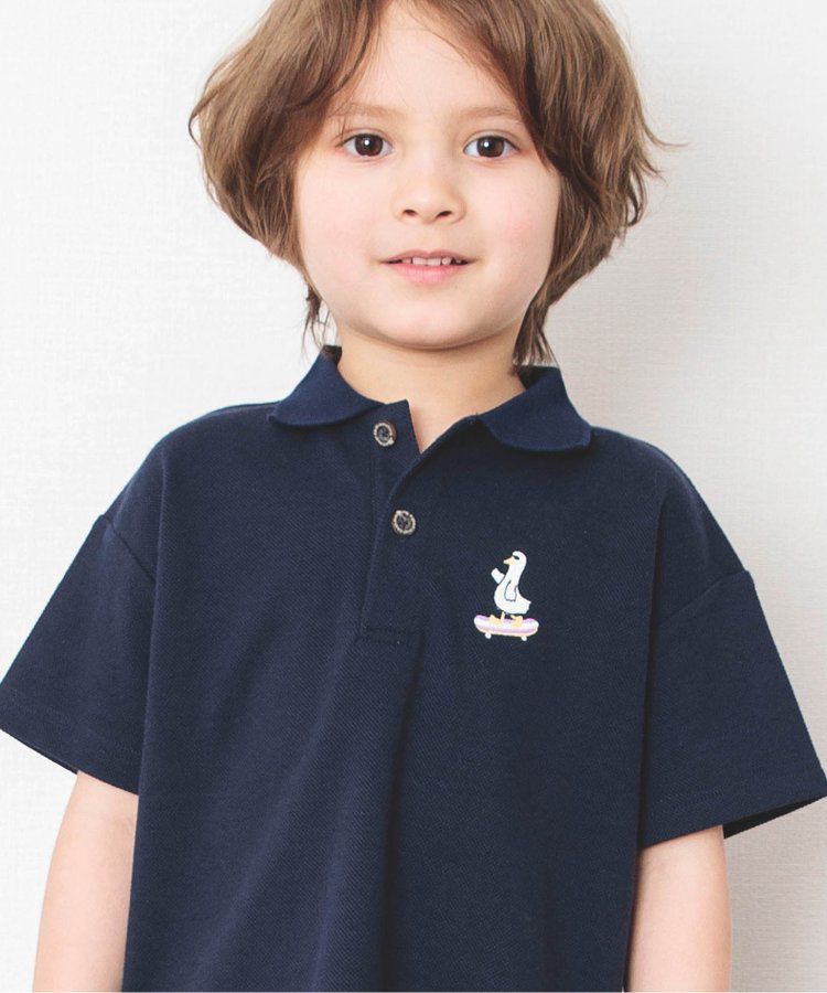日本 BREEZE - 童趣動物刺繡短袖POLO衫-滑板鴨-深藍