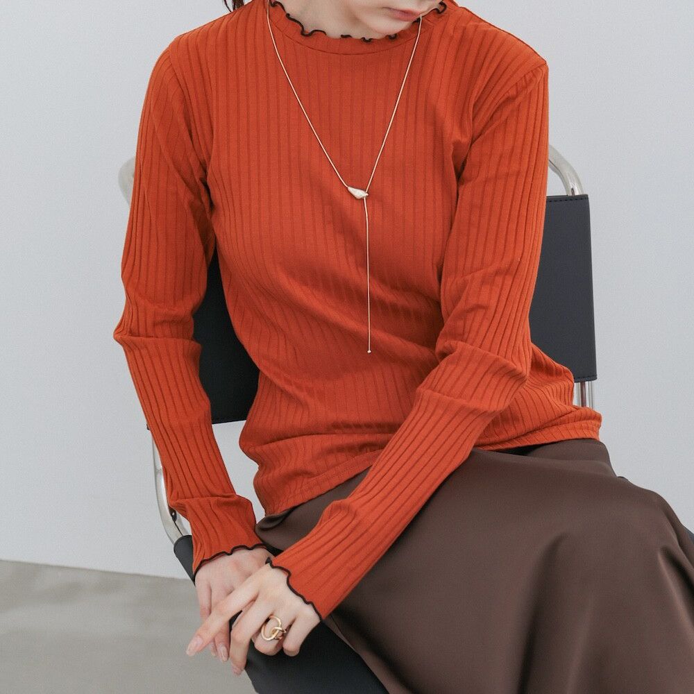 木耳滾邊典雅羅紋長袖上衣-船領-橘紅 (M)