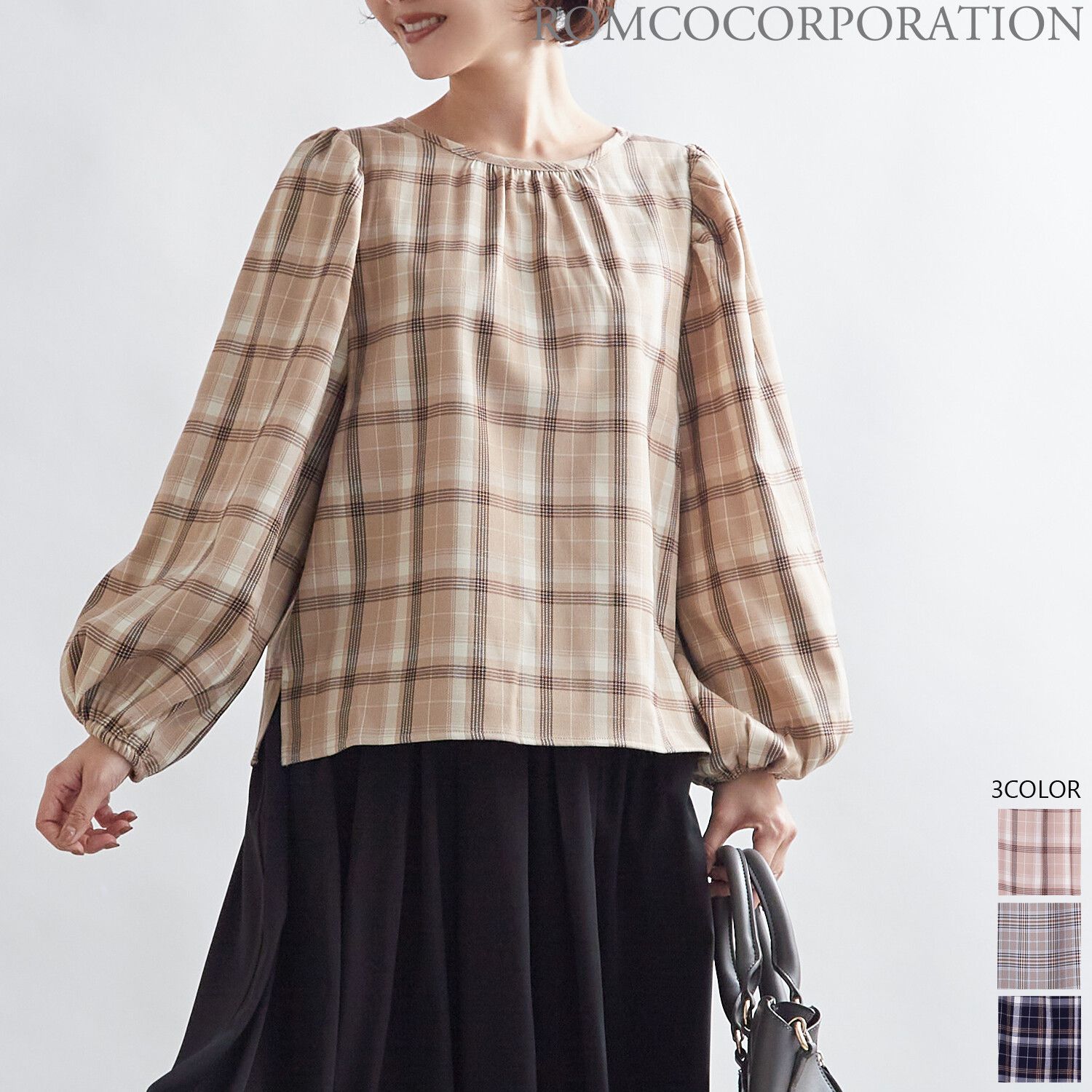 日本 Rejoule - 復古格紋綁帶澎澎袖上衣-深藍X咖格紋 (M(Free size))