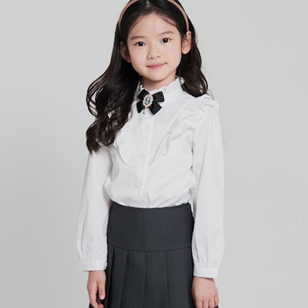 韓國 Coco Bang - 花領荷葉寶石裝飾長袖襯衫-白