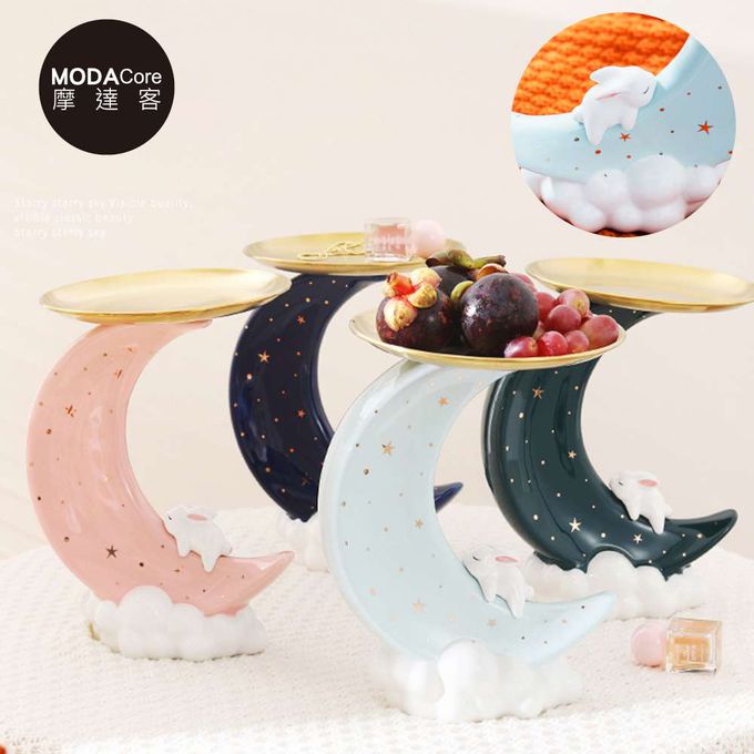 MODACore 摩達客 - ◉春節開運◉超萌祈願小白兔星星彎月頂托盤陶瓷擺飾-三色可選-粉紅