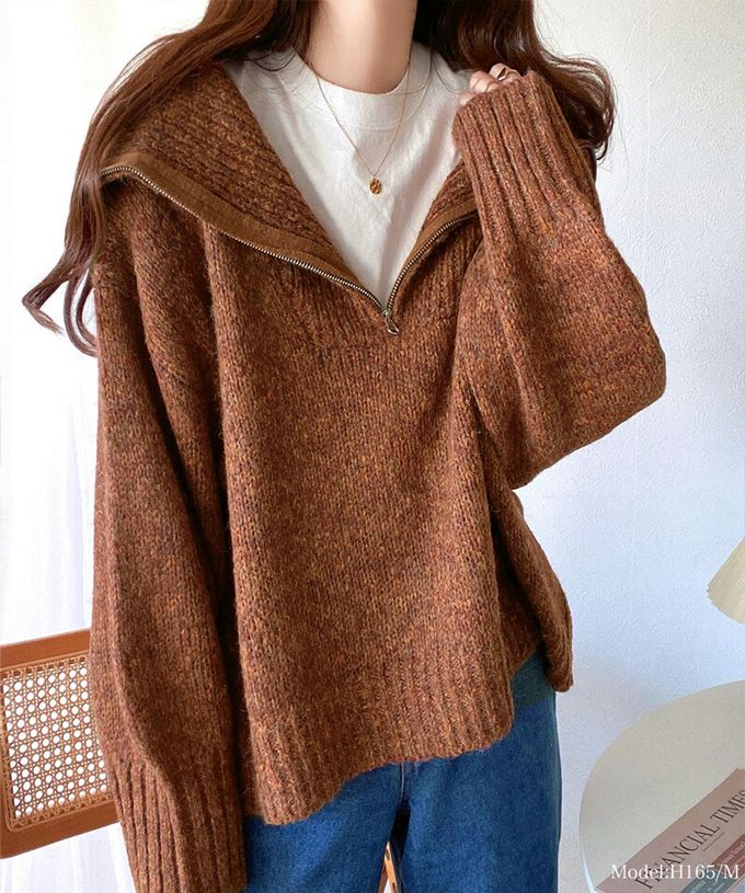 日本 Classical Elf - Java 半拉鏈率性寬鬆素面毛衣-藍