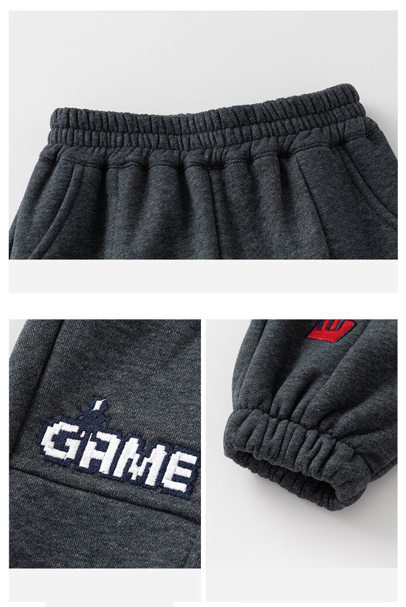 加絨腰鬆緊休閒保暖束口長褲-GAME-深灰色