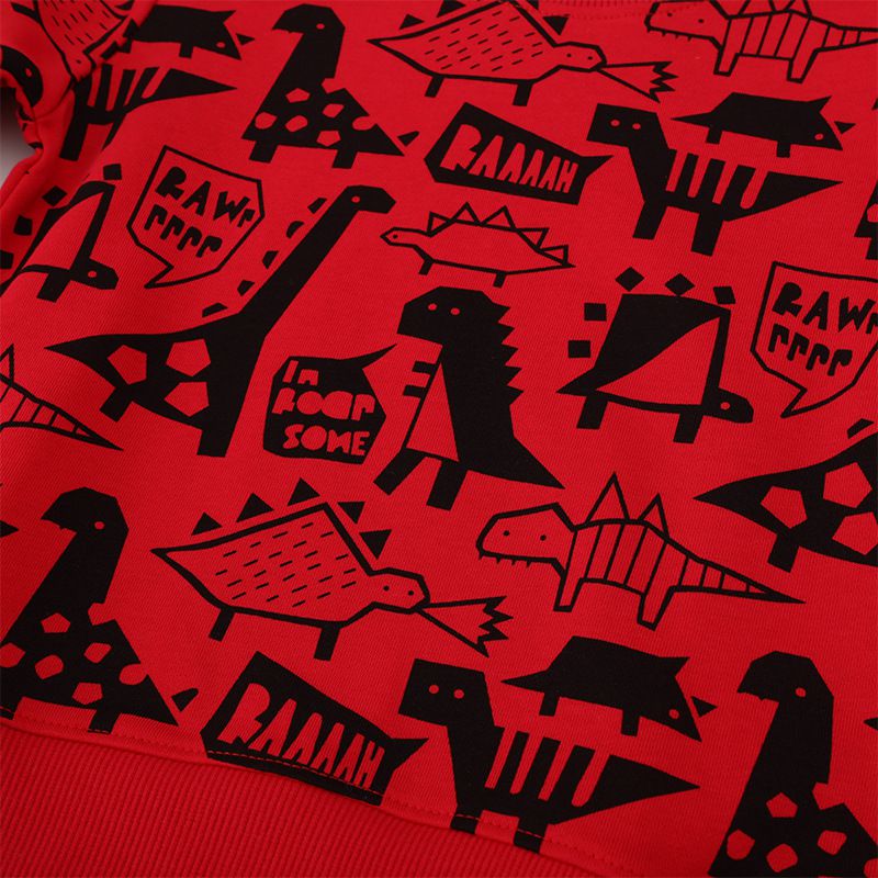 Jumping meters - 圓領棉質長袖上衣/大學T-恐龍插畫世界-酒紅色