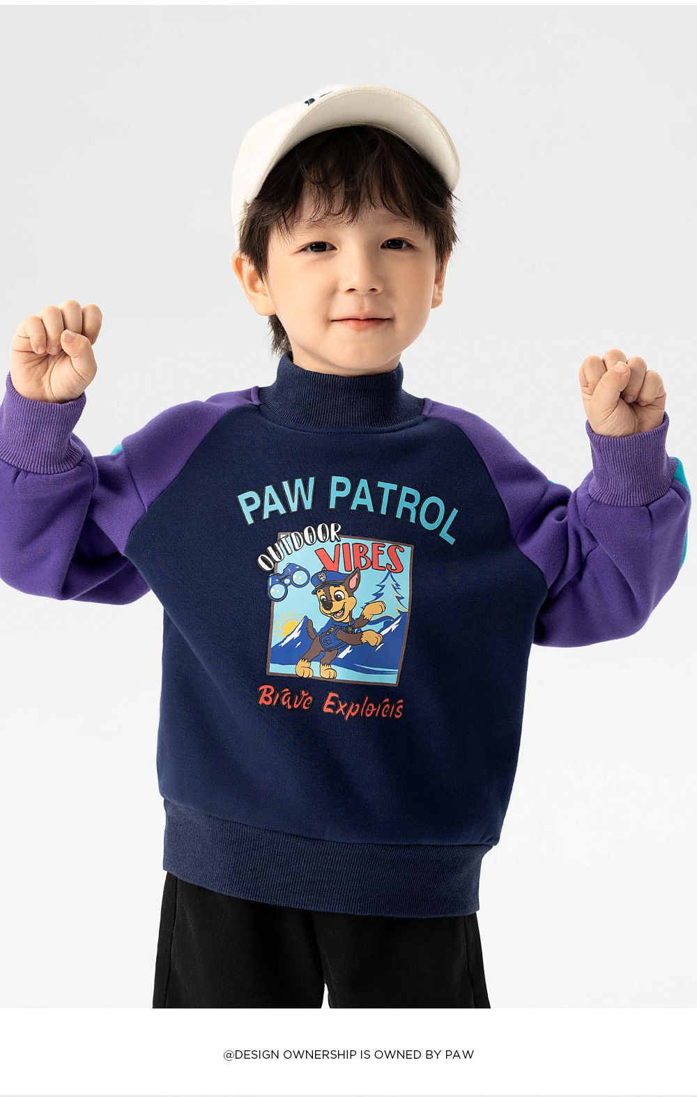 卡通汪汪隊加絨半高領拼接長袖上衣-卡通人物阿奇-深藍+藍