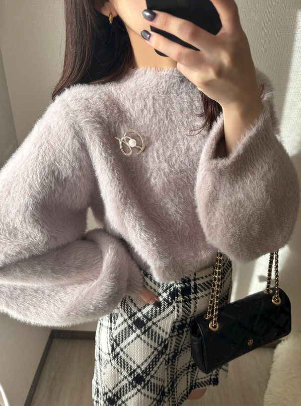 日本 GRL - 浪漫感毛海針織上衣(附珍珠胸針)-藍 (F)