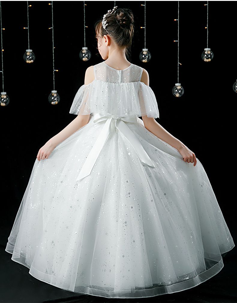 削肩式網紗亮片禮服-白色