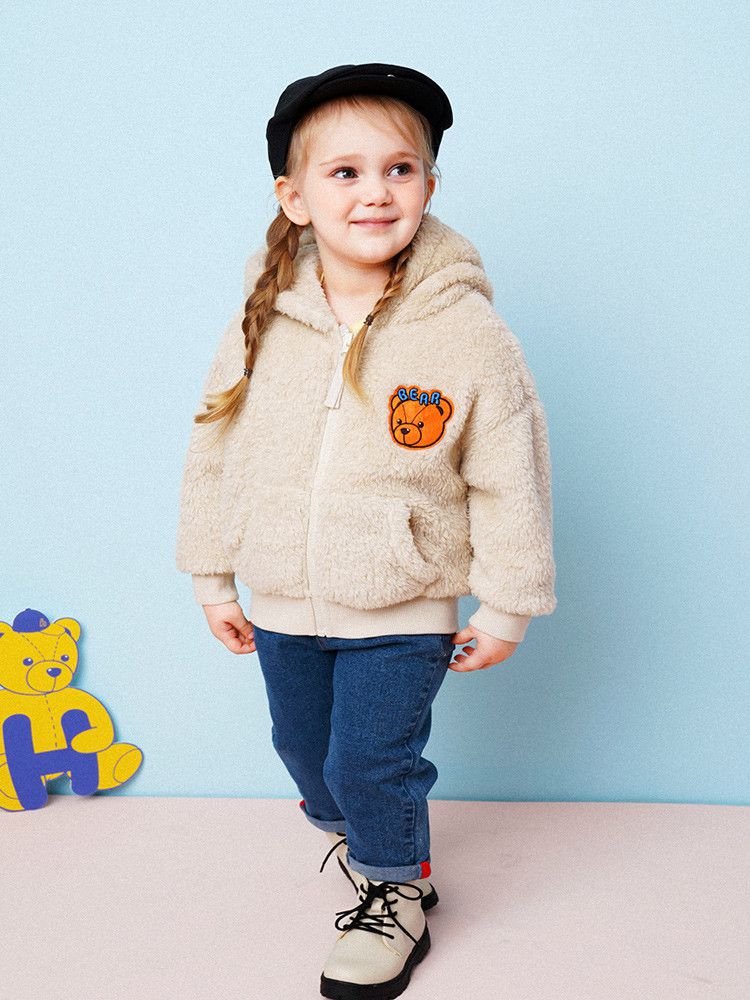 韓國 HEJMINI - 熊熊絨毛連帽夾克-卡其