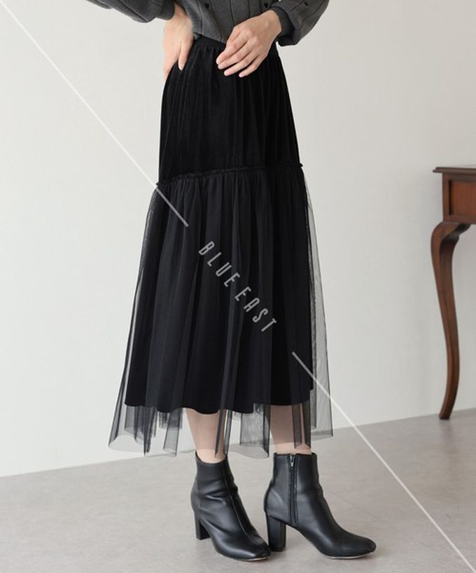 日本 BLUE EAST - 薄紗絲絨拼接飄逸長裙-(可選長度)-深藍