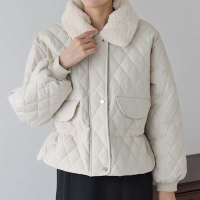 日本 BLUE EAST - 俐落翻領絎縫束腰短版外套-(毛絨領可拆)-象牙白