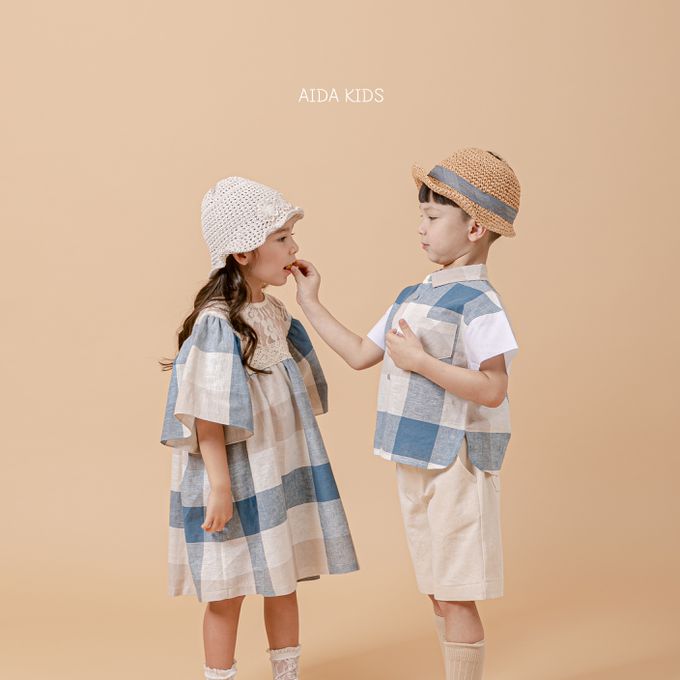 韓國 AIDA - 休閒風格子短袖翻領襯衫-藍X米