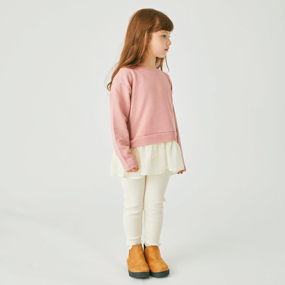 日本 evercloset - 下擺飄逸薄紗素色長袖上衣-煙燻粉x白