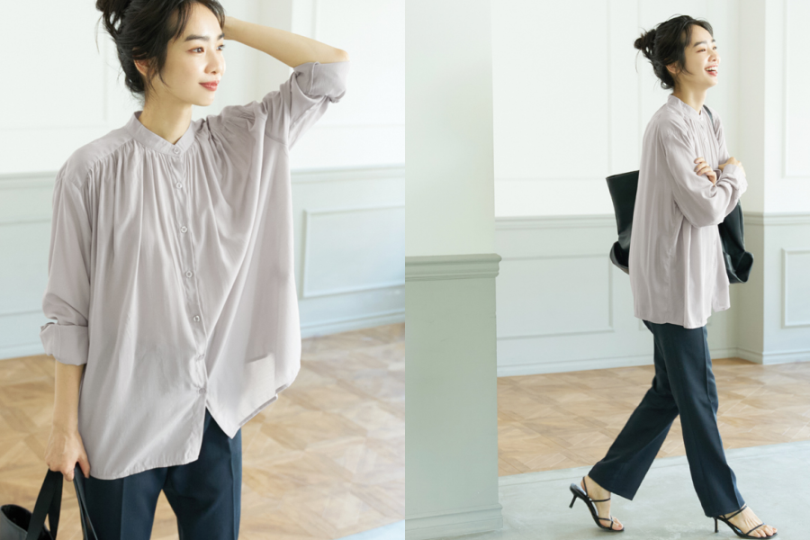 日本 COCA - 光澤感抓皺雪紡圓領長袖襯衫-紫