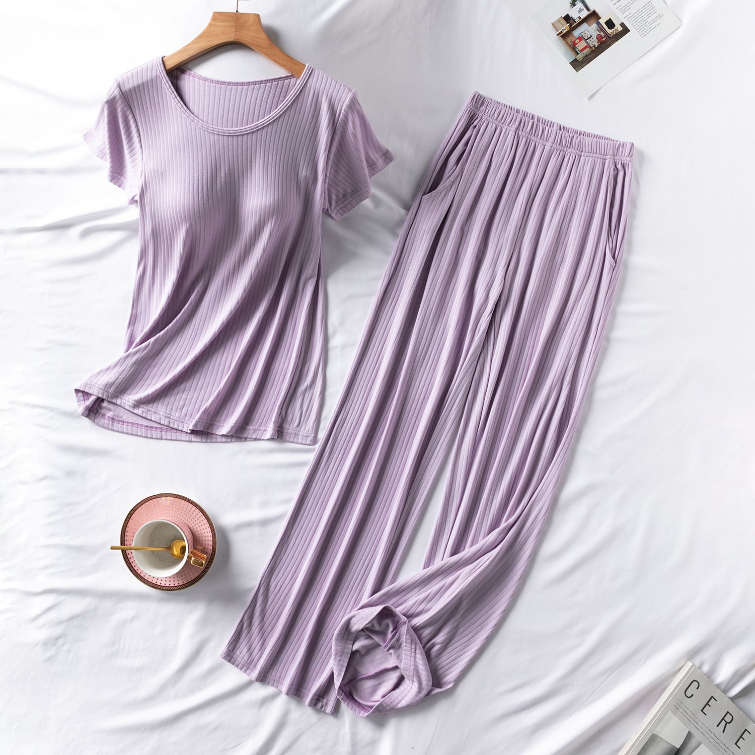 螺紋莫代爾Bra T 短袖家居服套裝-長褲款-粉色