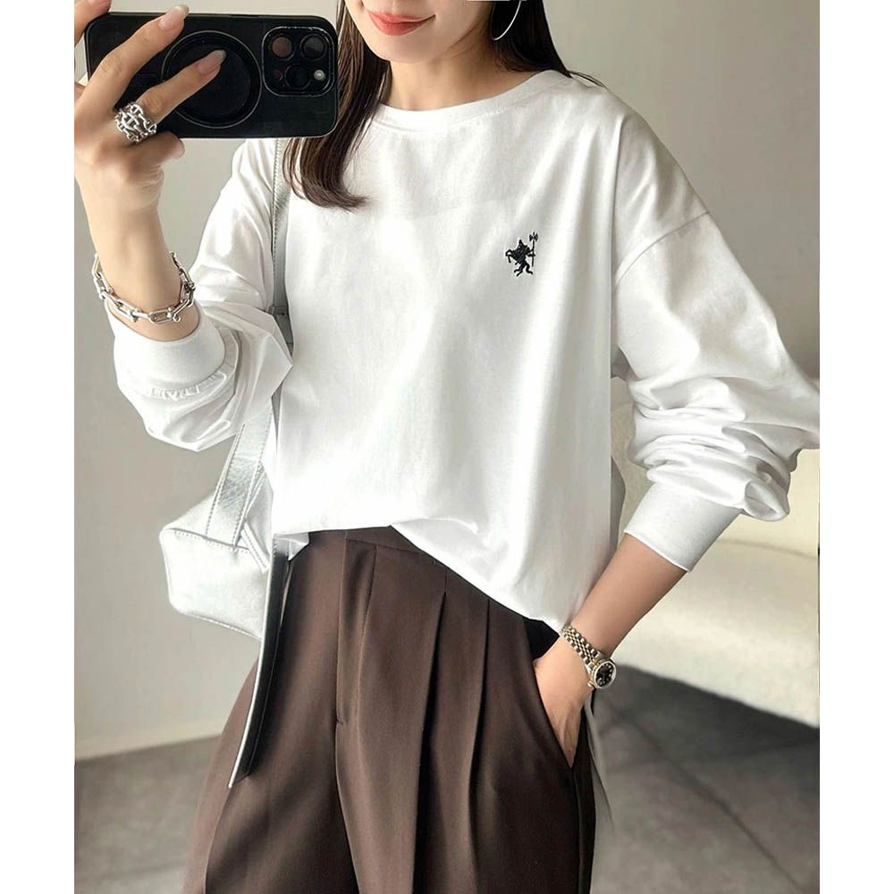 休閒背扣logo刺繡寬版長袖上衣-白