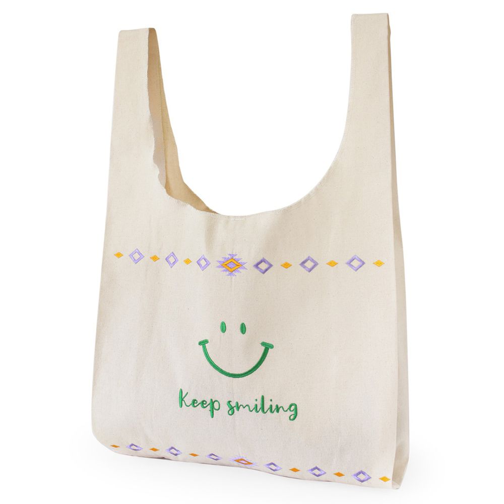 日本 TOMO - 有機棉圖騰刺繡環保購物袋(可收納)-微笑-草綠 (L(75x47cm))