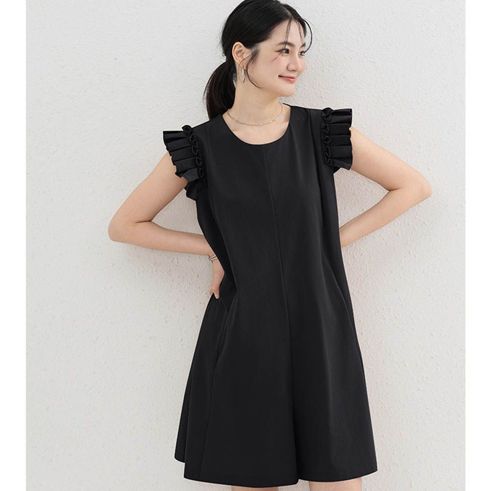 木耳邊小飛袖連身短褲-黑色