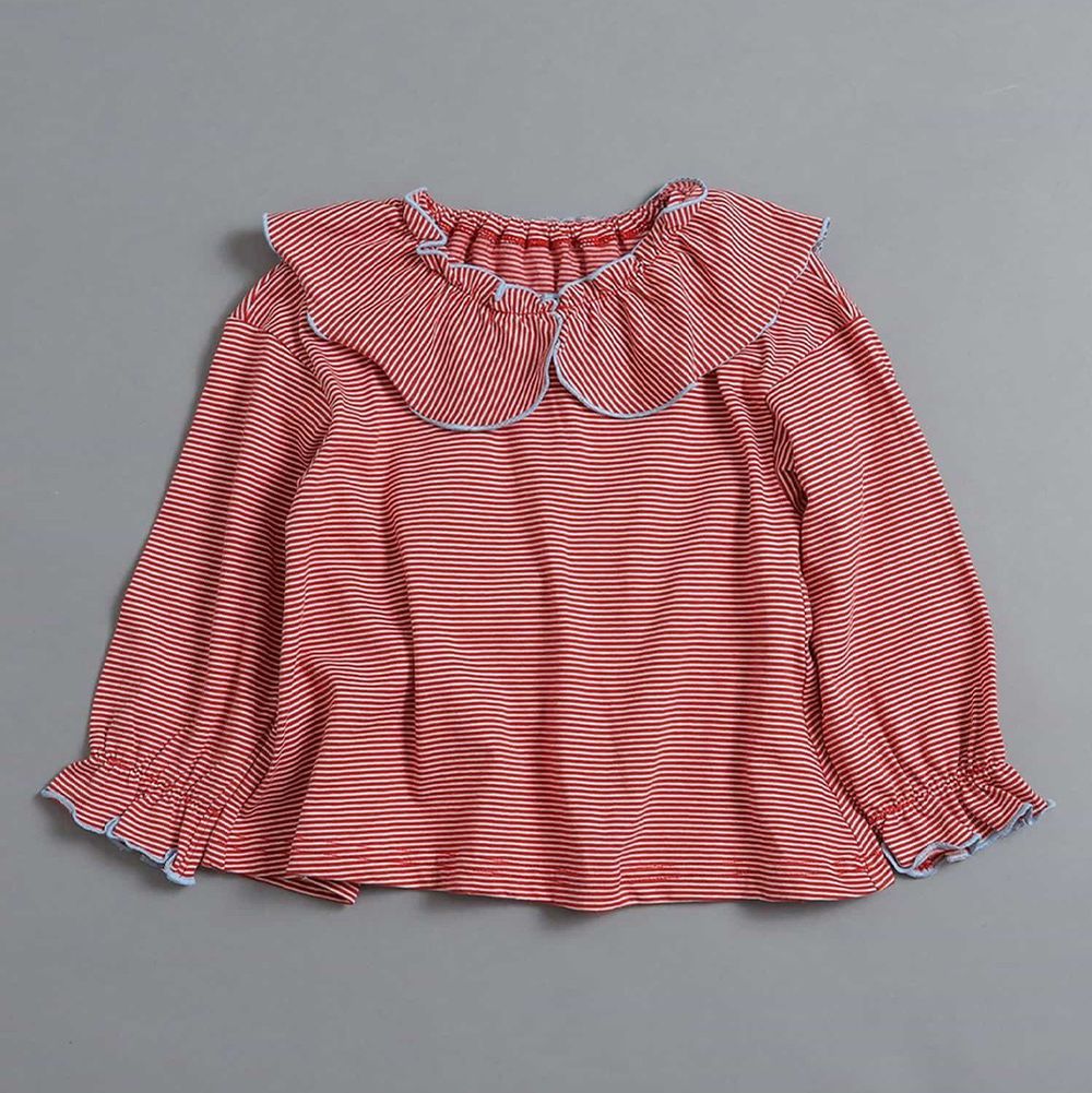 柔和滾邊荷葉領長袖上衣-莓果紅