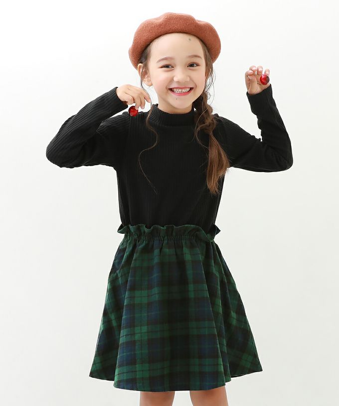 日本 devirock - 優雅羅紋拼接長袖洋裝-法蘭絨格紋-紅