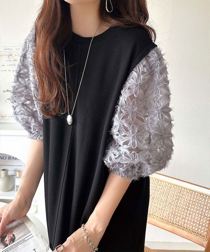 日本 Classical Elf - 夢幻薄紗緹花泡泡袖洋裝-黑x灰藍