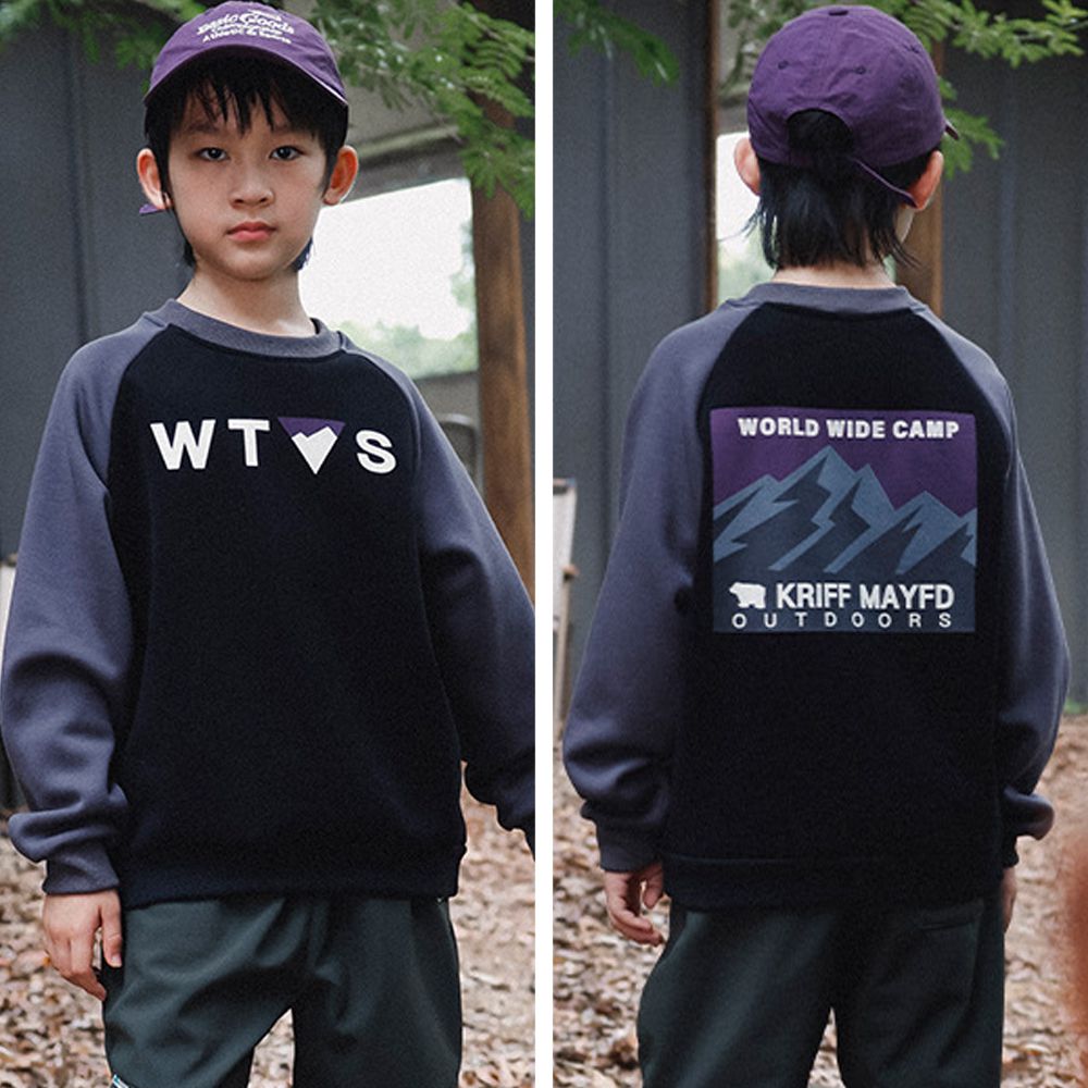 保暖加絨長袖上衣/大學T-山系印花-拼袖黑