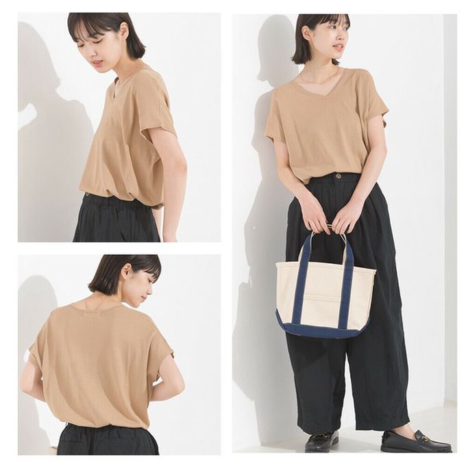 日本 OMNES - 接觸冷感 優雅小V領短袖上衣-棕色系條紋