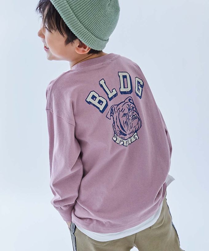 日本 devirock - 100%棉 定番印花寬版長袖上衣-背後狗狗-粉紫