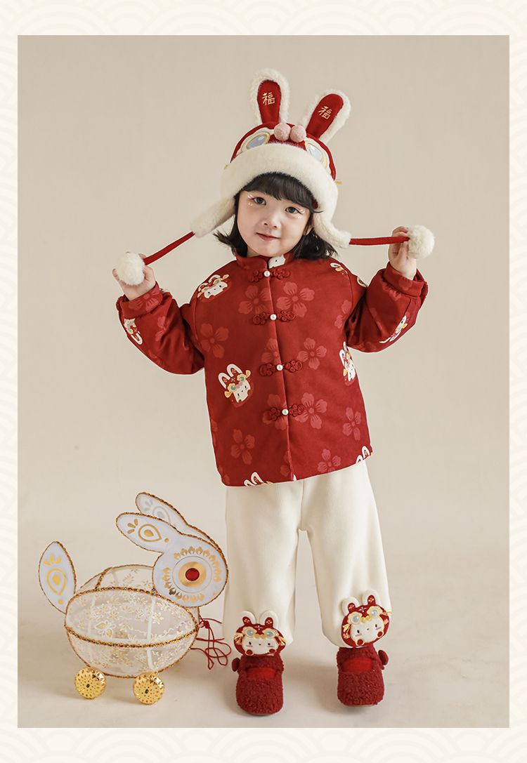 TONGMO - 加絨腰鬆緊休閒拜年長褲-兔子-米色