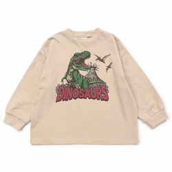 日本 BREEZE - 100%棉 包色款印花長袖上衣-恐龍-米杏