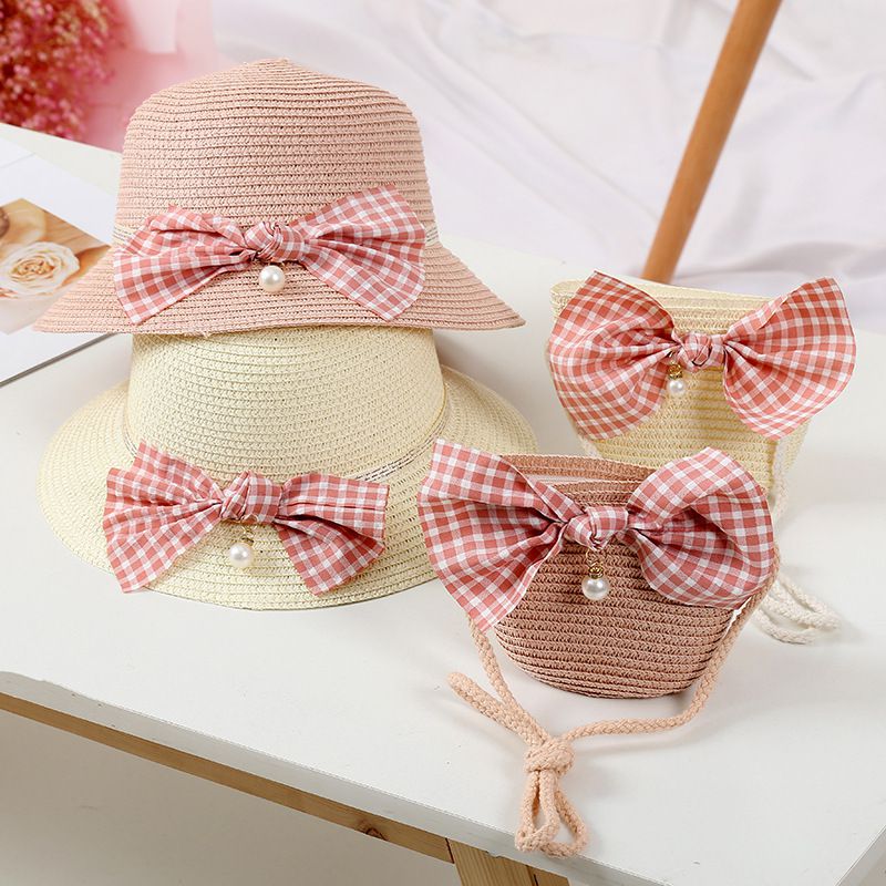 日系沙灘蝴蝶結草帽/遮陽帽-附小背包-卡其色 (建議2-8歲)