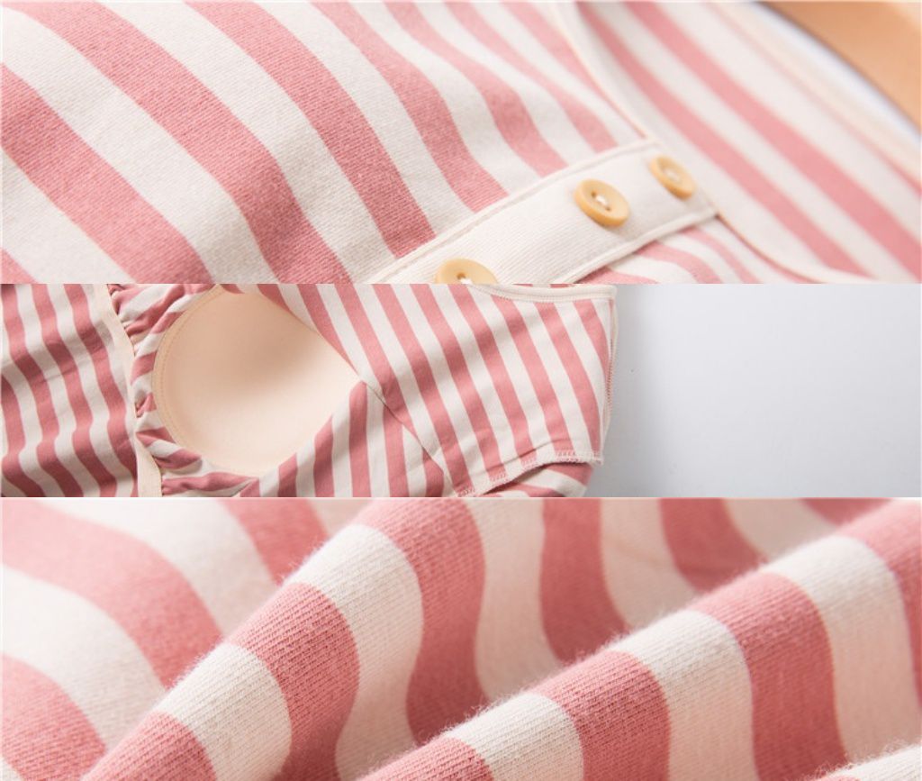 棉質柔軟Bra T-長袖套裝-綠白條紋（紐扣）