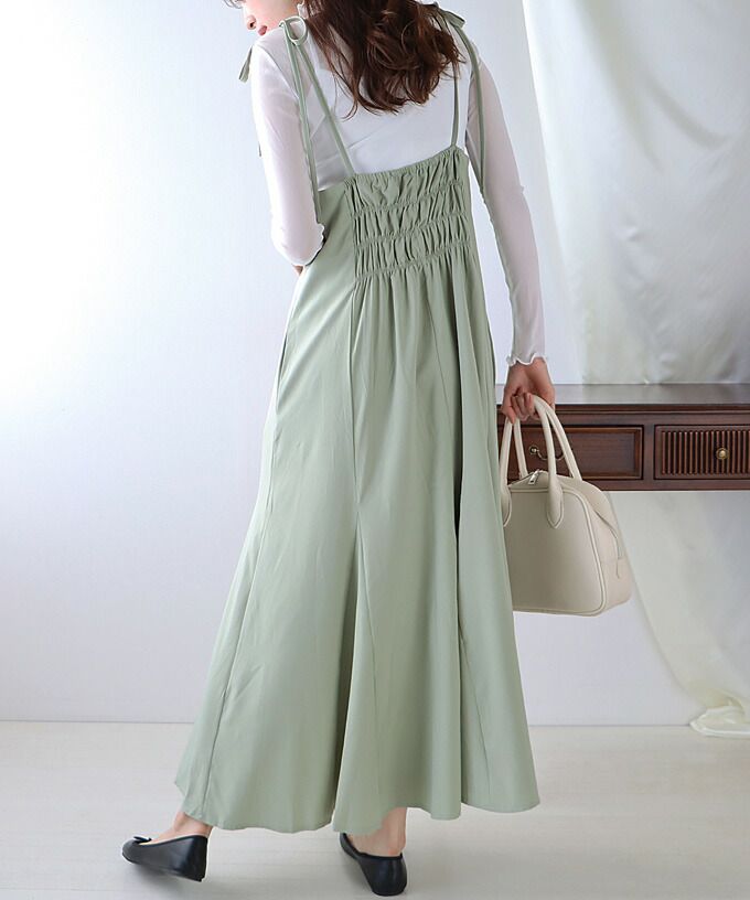 日本 BLUE EAST - 細肩帶綁帶魚尾長版洋裝-綠