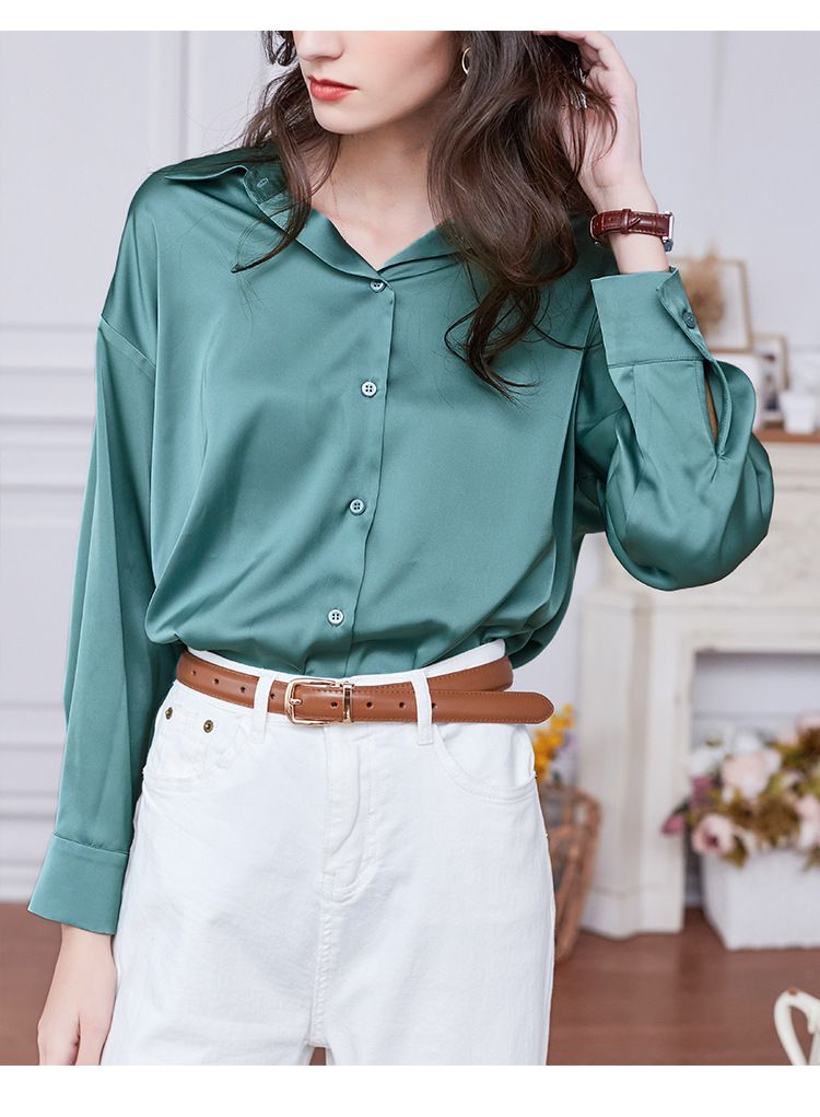 法式氣質長袖襯衫-綠色