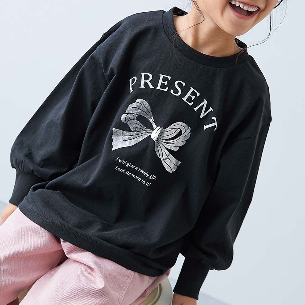 100%棉 閃亮金屬印花長袖上衣-蝴蝶結-黑