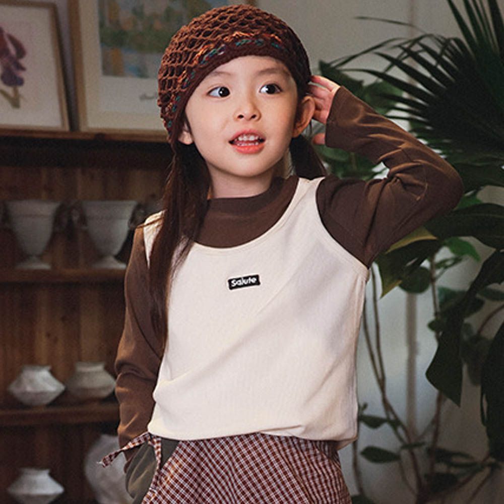 假兩件高彈針織長袖上衣-拼色米杏