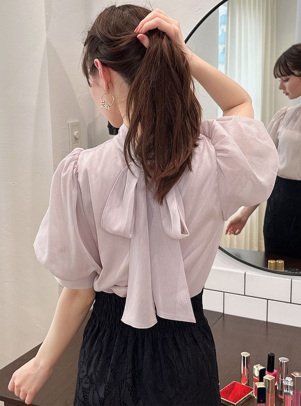 日本 GRL - 後綁帶柔美光澤雪紡泡泡袖上衣-香檳粉 (F)