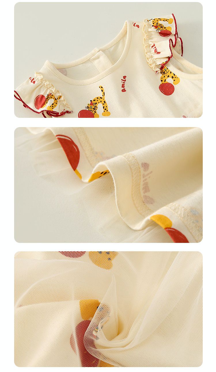 網紗公主袖連身洋裝-豹紋貓貓-白色