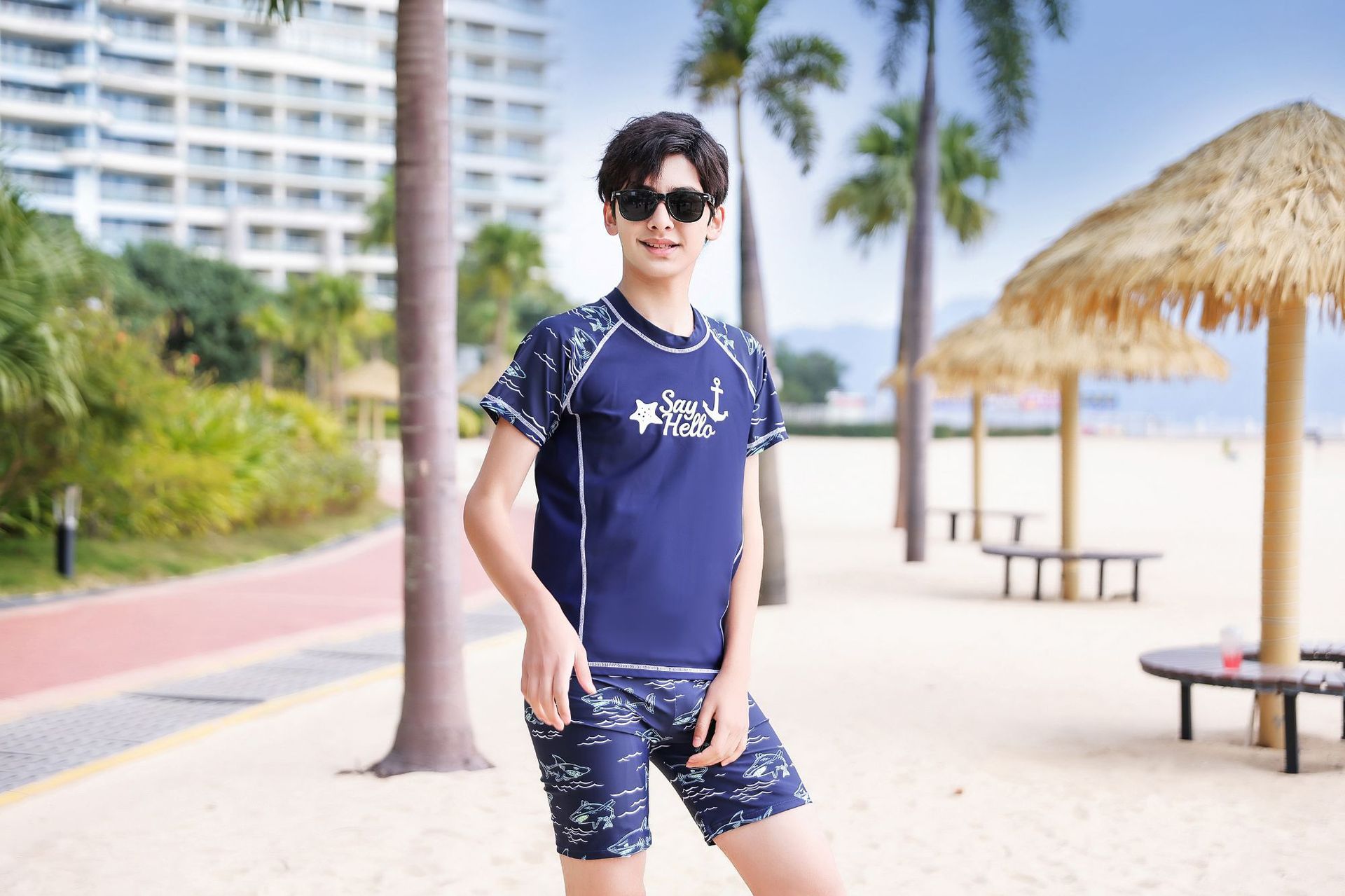 大童男孩短袖泳衣套裝(二件組)-星星船錨-淺藍色-泳衣、泳褲