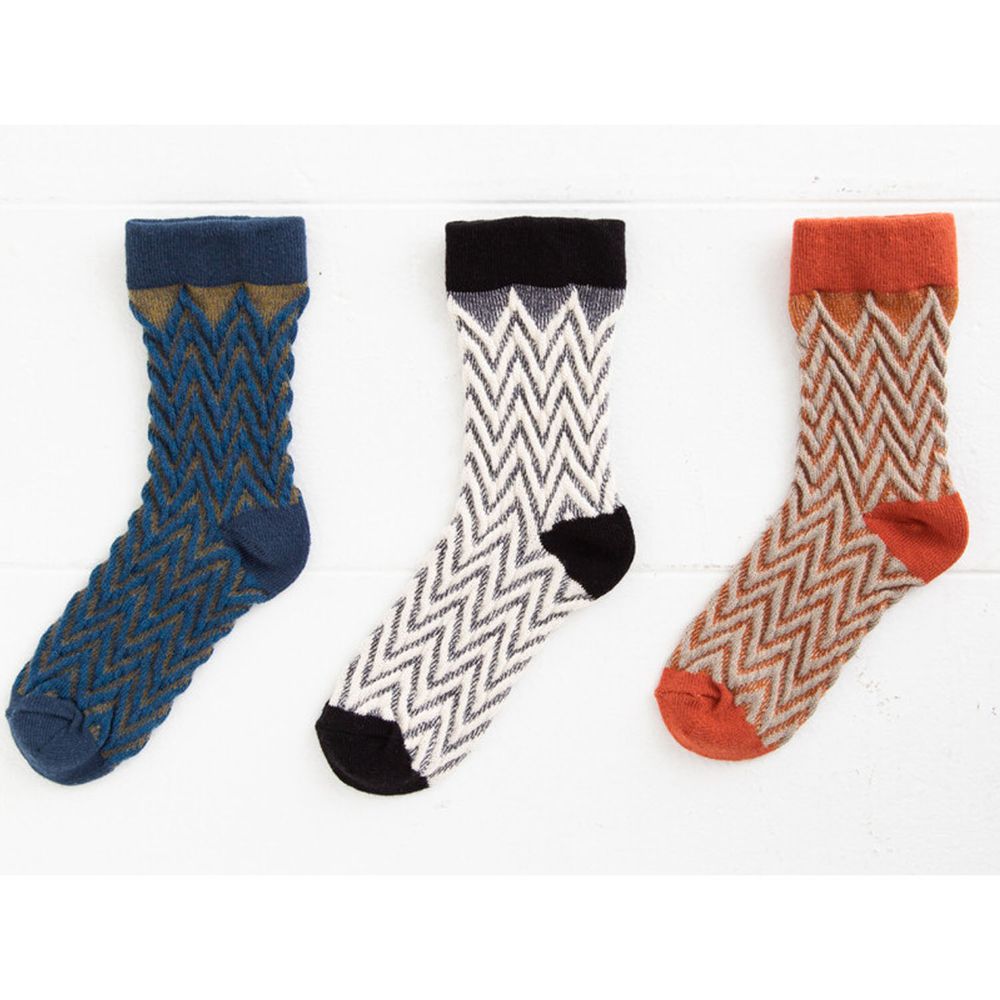 日本 stample - (兒童)中筒襪-超值三雙組-立體鋸齒紋-深藍/橘/黑