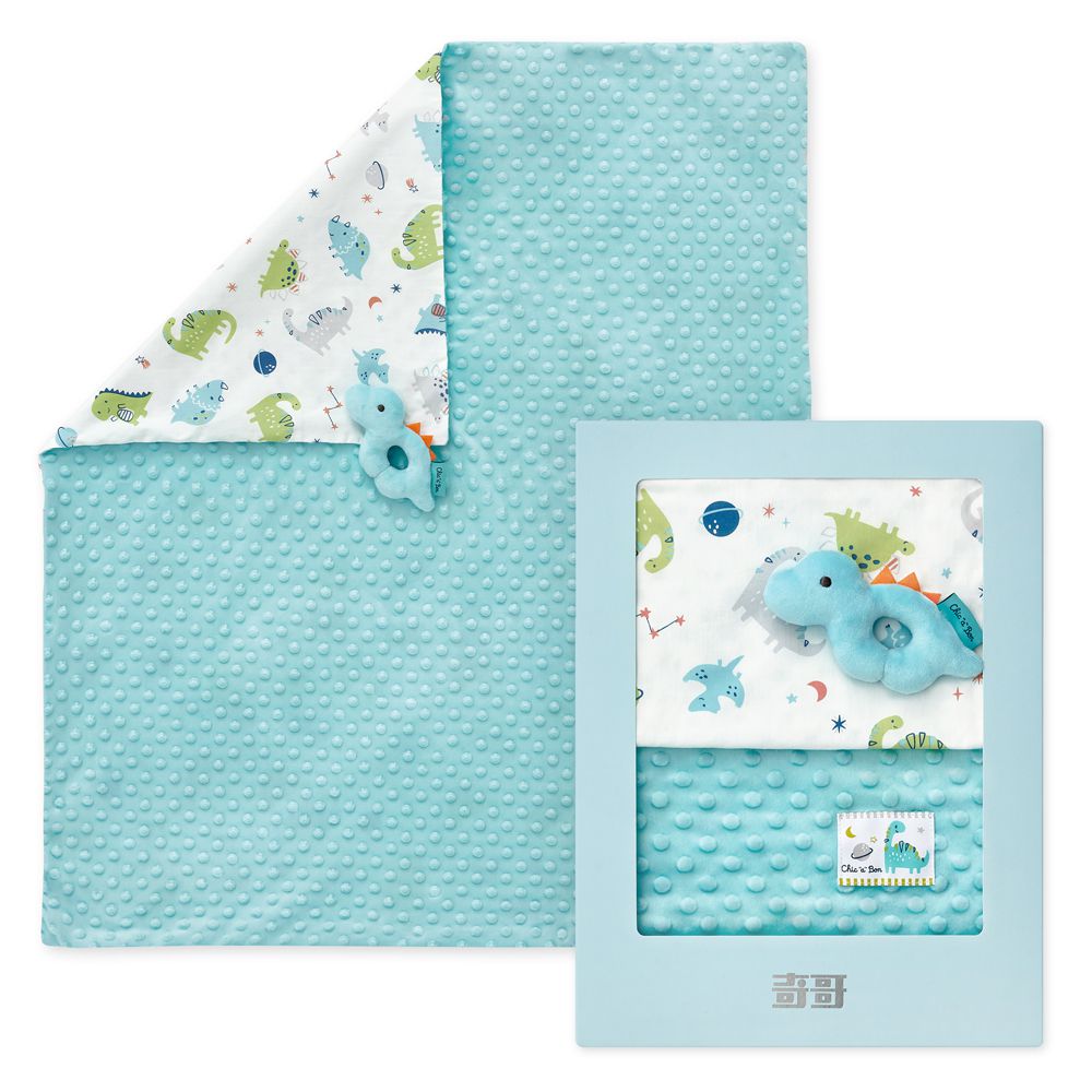 豆趣四季毯+手搖鈴禮盒(寶寶新生兒禮 滿月禮 彌月禮 嬰兒禮盒 豆豆蓋毯 嬰兒毯)-藍色