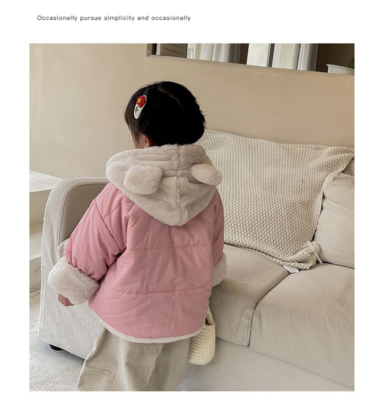 加絨加厚造型連帽鋪棉外套-毛茸茸熊熊-粉色