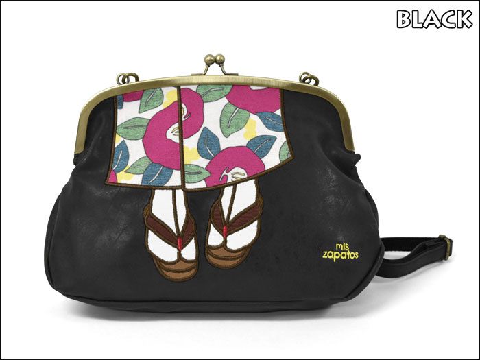 mis zapatos - 兩用斜挎口金包(皮革)-和服-BK黑色 (19*28*8cm)